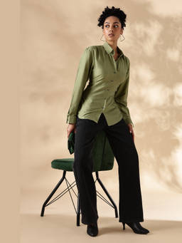 Maba India - Women Fitted Cotton Silk Green Shirt