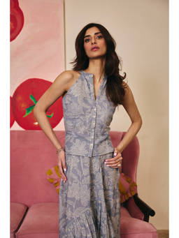 Old Marigold - Women Linen Blue Floral Sleeveless Top
