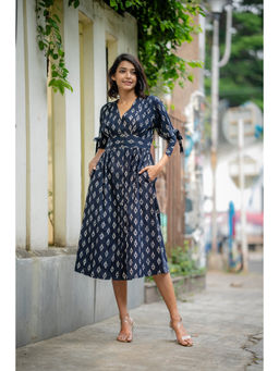 NUCHIC - Women Black Floral Hand-Block Print Cotton Fit and Flare Midi Dress