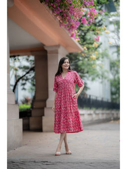 NUCHIC - Women Pink Dabu Hand-Block Print Cotton Fit and Flare Midi Dress