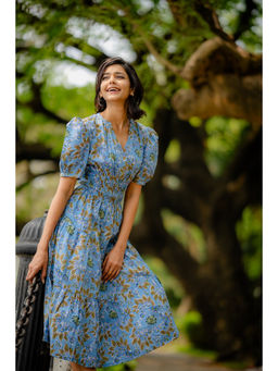 NUCHIC - Women Blue Floral Cotton Tiered Fit and Flare Midi Dress