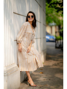 NUCHIC - Women Brown Stripe Hand-Block Print Cotton Midi Dress