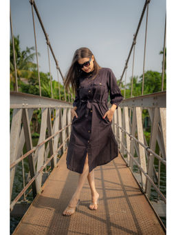 NUCHIC - Women Black Linen Shirt Dress