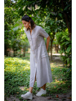 NUCHIC - Women Grey Striped Hand-Block Print Cotton Shirt-Collar Midi Dress