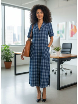 NUCHIC - Women Indigo Check Hand-Block Print Cotton Shift Midi Dress