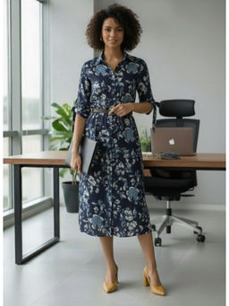 NUCHIC - Women Indigo Dabu Floral Hand-Block Print Cotton Shift Midi Dress