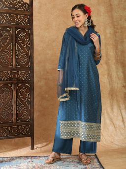 Globus - Blue Embroidered Round Neck Kurta Pant With Dupatta