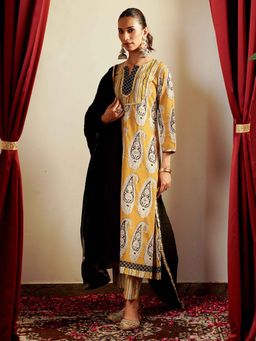 Indisangam - Yellow Embroidered Round Neck Anarkali Kurta Pant With Dupatta