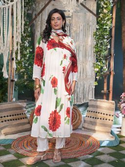 Indisangam - Ivory Floral V-Neck Anarkali Kurta Pant With Dupatta