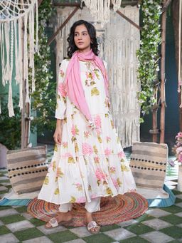 Indisangam - Ivory Floral Tie Up Neck Anarkali Kurta Pant With Dupatta