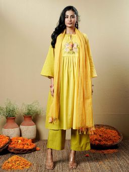 Indisangam - Yellow Embroidered Tie Up Neck Anarkali Kurta Pant With Dupatta