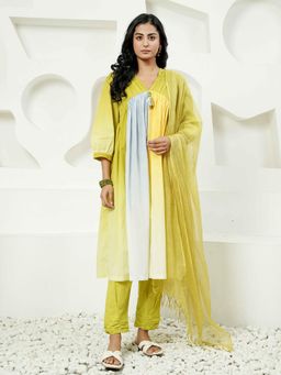 Indisangam - Multi-Color Solid/Plain V-Neck Kurta Pant with Dupatta