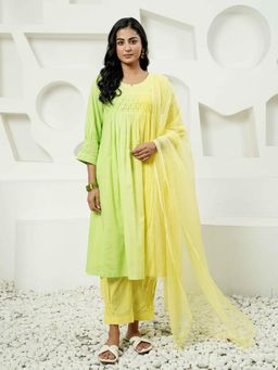 Indisangam - Yellow Solid/Plain Round Neck Kurta Pant with Dupatta