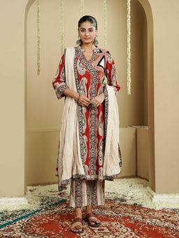 Indisangam - Rust Printed Mandarin Neck Anarkali Kurta Pant With Dupatta