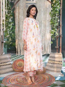 Indisangam - Peach Floral Tie Up Neck Anarkali Kurta With Pant