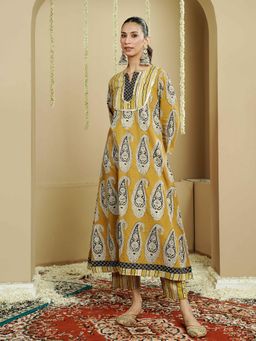 Indisangam - Mustard Embroidered Round Neck Anarkali Kurta With Pant
