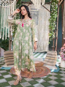 Indisangam - Green Floral Tie Up Neck Anarkali Kurta With Pant