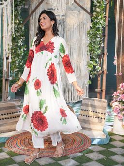 Indisangam - Ivory Floral V-Neck Anarkali Kurta With Pant