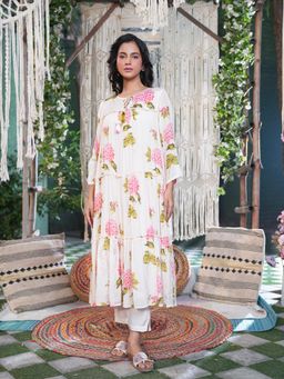Indisangam - Ivory Floral Tie Up Neck Anarkali Kurta With Pant