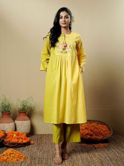 Indisangam - Yellow Embroidered Tie Up Neck Anarkali Kurta With Pant