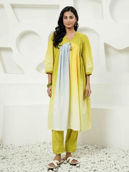Indisangam - Multi-Color Solid/Plain V-Neck Kurta with Pant