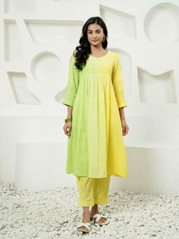 Indisangam - Yellow Solid/Plain Round Neck Kurta with Pant