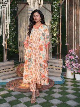 Indisangam - Orange Floral V-Neck Anarkali Kurta With Pant