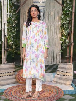Indisangam - Ivory Floral Round Neck Kurta With Pant
