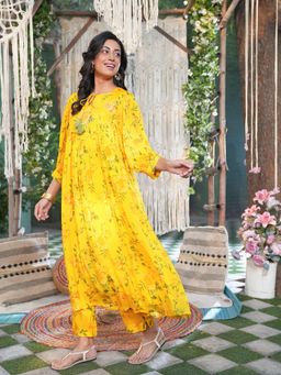 Indisangam - Yellow Floral Keyhole Neck Anarkali Kurta With Pant