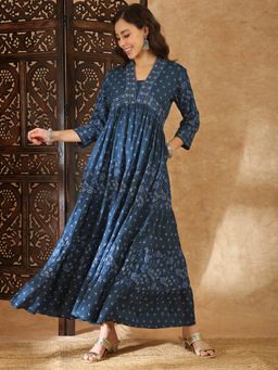 Globus - Blue Printed V-Neck Dress