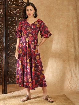 Globus - Purple Printed V-Neck Dress