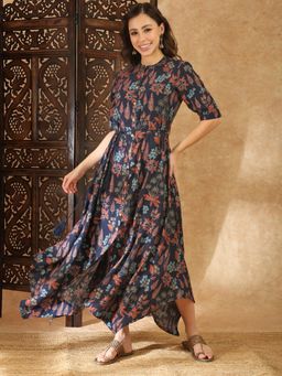 Globus - Navy Blue Floral Round Neck Dress