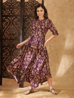 Globus - Wine Floral Mandarin Neck Dress