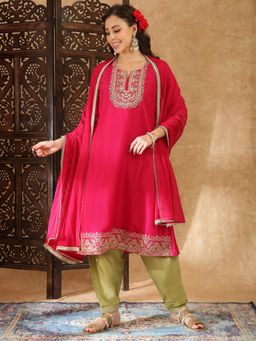 Globus - Pink Embroidered Round Neck Kurta Salwar With Dupatta