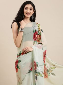 Vastranand - Green & Red Floral Printed Beads And Stones Saree with Unstitched Blouse