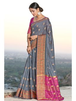 Sangam Prints - Grey Cotton Woven Work Traditional Saree with Unstitched Blouse