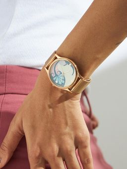 Teal by CHUMBAK - Rose Gold Urban Feathers Metal Mesh Strap Watch (M)