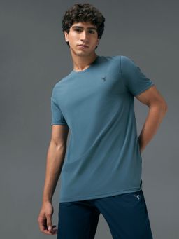 Technosport - COTFLEX Men Blue Solid Slim Fit Round Neck Sports T-Shirt