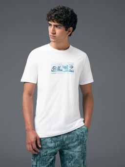 Technosport - COTFLEX Men White Abstract Slim Fit Round Neck Sports T-Shirt