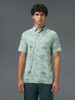 Technosport - Men Green Abstract Slim Fit Polo Sports T-Shirt