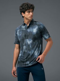 Technosport - Men Navy Blue Abstract Slim Fit Polo Sports T-Shirt