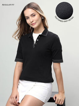 U.S. POLO ASSN. - Women Black Solid/Plain Cotton Polo T-Shirt