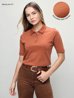 U.S. POLO ASSN. - Women Brown Solid/Plain Cotton Polo T-Shirt