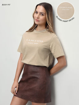 U.S. POLO ASSN. - Women Beige Printed Cotton T-Shirt