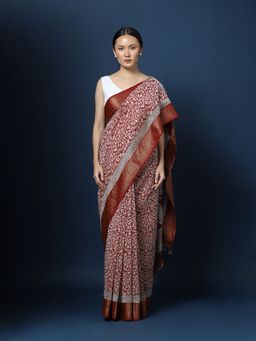 CHOWDHRAIN - Maroon Maheshwari Border Saree with Unstitched Blouse