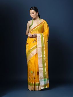 CHOWDHRAIN - Yellow Chanderi Handwoven Saree with Unstitched Blouse