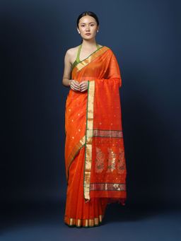 CHOWDHRAIN - Orange Chanderi Handloom Zari Saree with Unstitched Blouse
