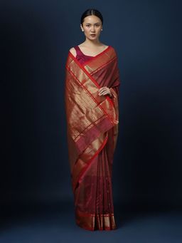 CHOWDHRAIN - Red Chanderi Zari Saree with Unstitched Blouse