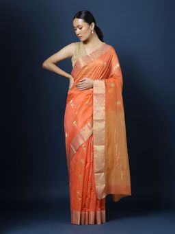 CHOWDHRAIN - Orange Handloom Chanderi Zari Saree with Unstitched Blouse