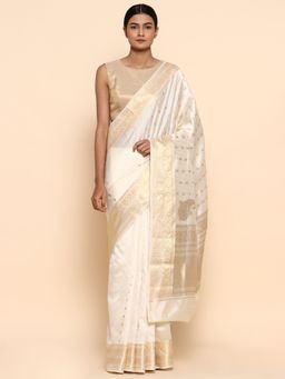 CHOWDHRAIN - Ivory Banarasi Soft Silk Zari Saree with Unstitched Blouse